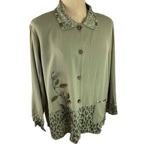 Large A. Spence Women's Sage Green Vintage Button Up Collared Blouse Shoulder Pa